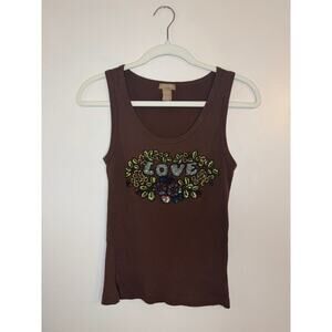 Vintage Y2K Gadzooks Beaded LOVE Tank Brown Large Indie Fairy Grunge Whimsigoth